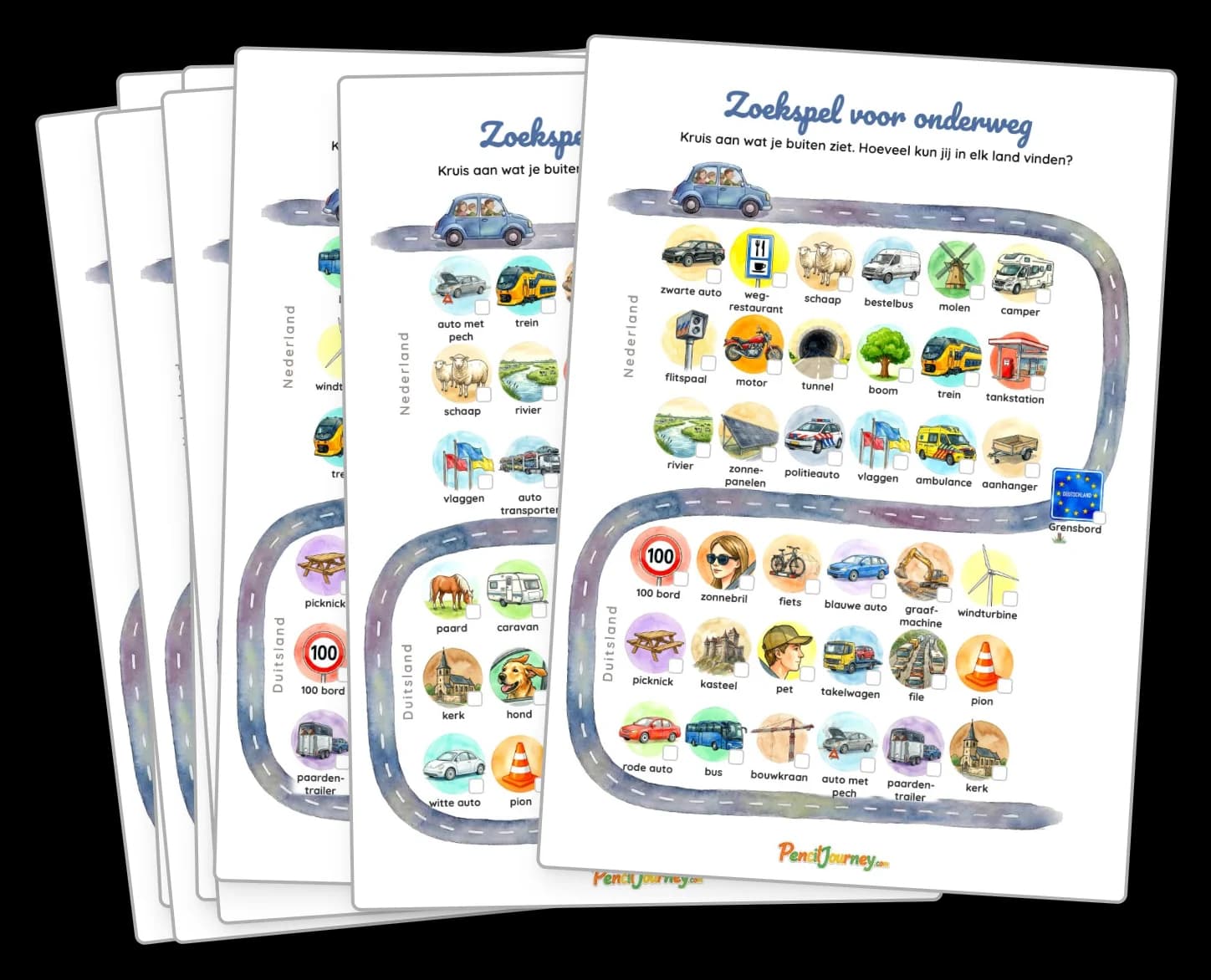 Gratis printbare autobingo kaarten naast elkaar, voor elk kind een eigen kaart