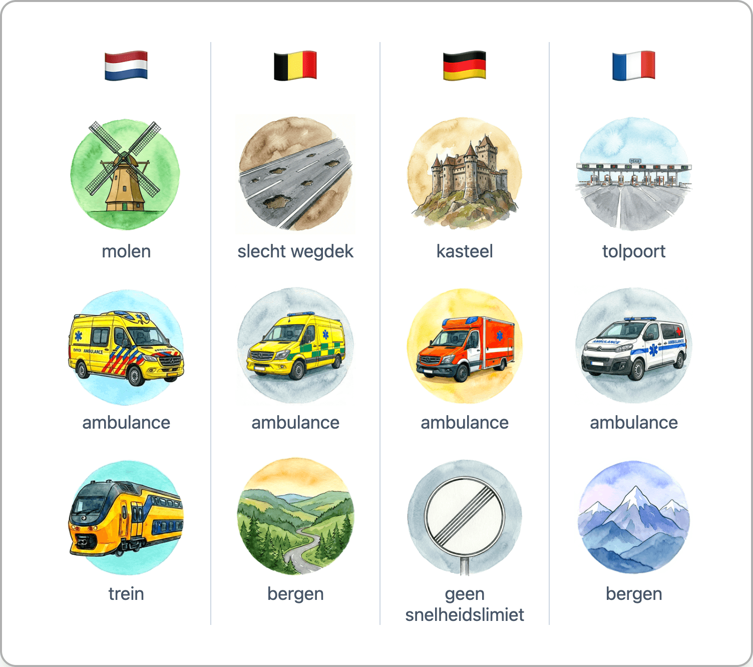 Iconen per land: Nederland, Duitsland, Frankrijk en België hebben elk hun eigen herkenbare dingen