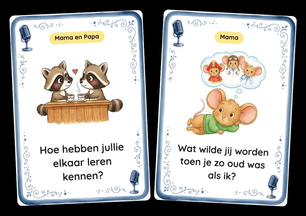 Gesprekskaart met een interviewvraag voor mama of papa