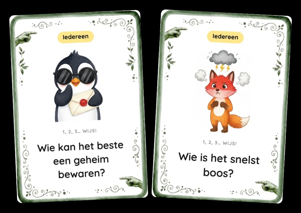 Wijskaart uit het gespreksspel: iedereen wijst naar wie het beste past