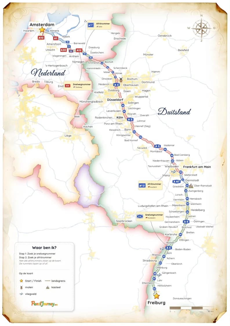 Voorbeeld van een routekaart met snelwegen en steden