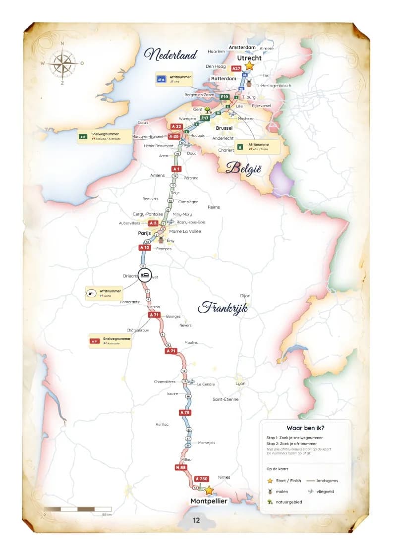 Kindvriendelijke routekaart met echte snelwegnummers, om onderweg te volgen waar je bent