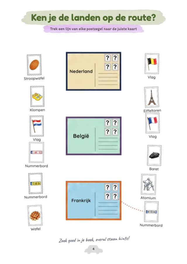 Puzzelpagina welk land hoort erbij: plaatjes verbinden met het juiste land van de route