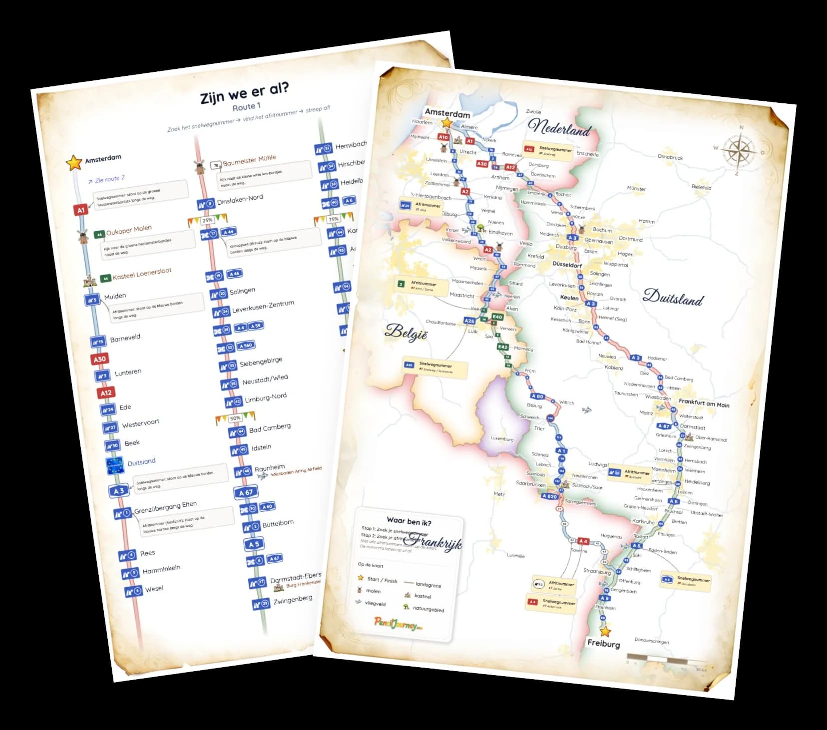 Gratis printbare routekaart voor kinderen met echte snelwegen, steden en afritnummers