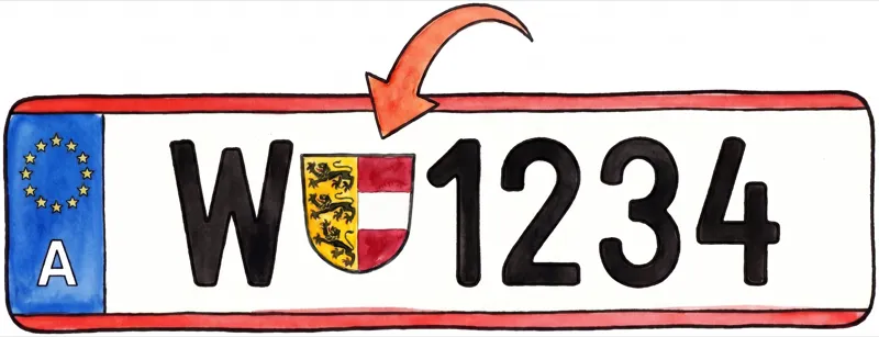 Oostenrijks kenteken W 1234 met rode rand en het deelstaatwapen tussen de letters en de cijfers