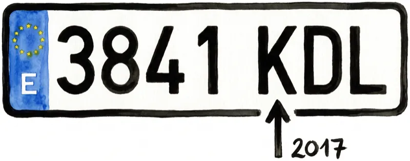 Spaans kenteken 3841 KDL, de eerste letter K verklapt dat de auto van rond 2017 is